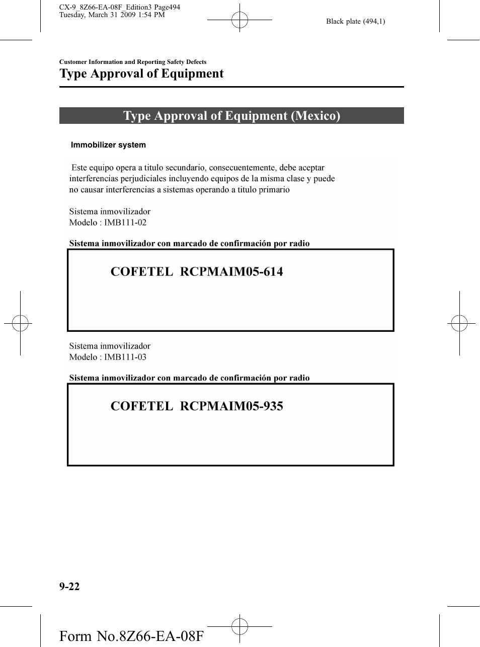 Type approval of equipment, Type approval of equipment (mexico), Type approval of equipment -22 | Type approval of equipment (mexico) -22 | Mazda 2009 CX-9 User Manual | Page 494 / 538