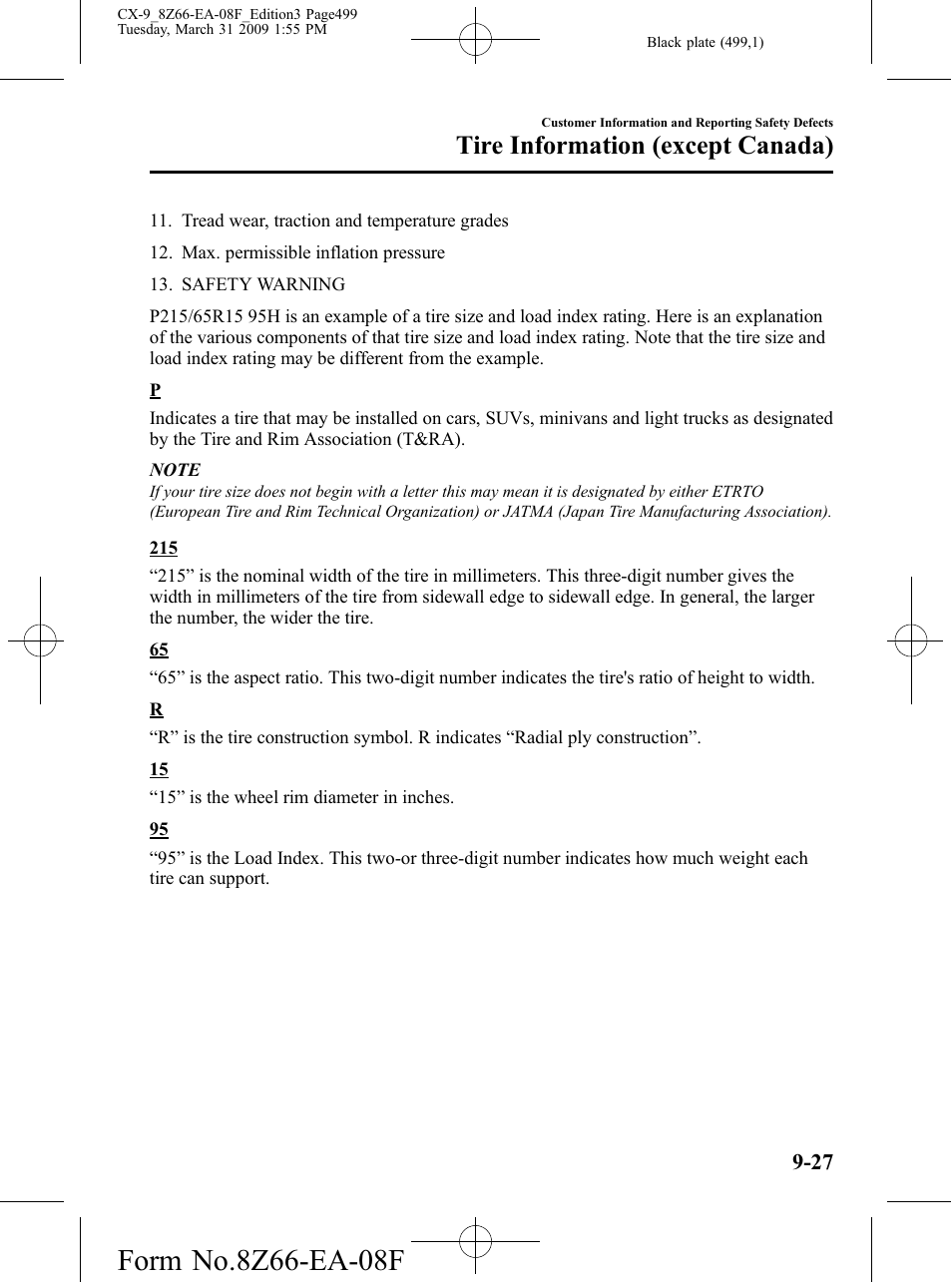 Tire information (except canada) | Mazda 2009 CX-9 User Manual | Page 499 / 538