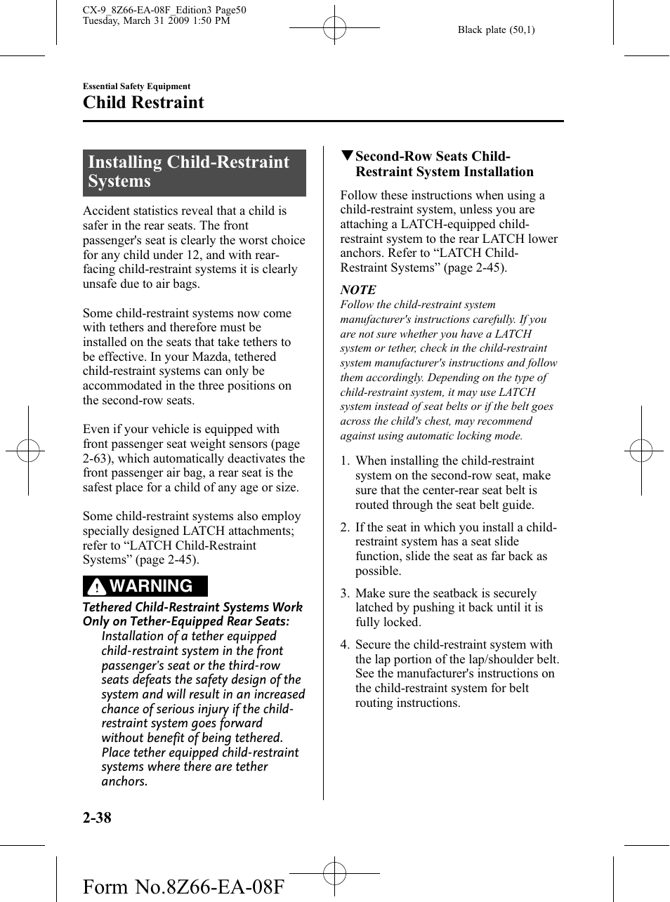Installing child-restraint systems, Installing child-restraint systems -38, Child restraint | Warning | Mazda 2009 CX-9 User Manual | Page 50 / 538