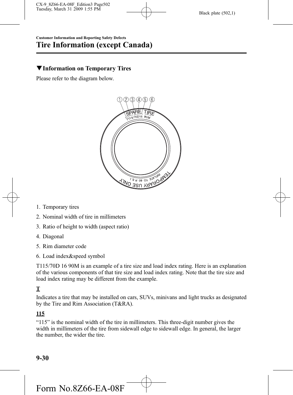 Tire information (except canada) | Mazda 2009 CX-9 User Manual | Page 502 / 538