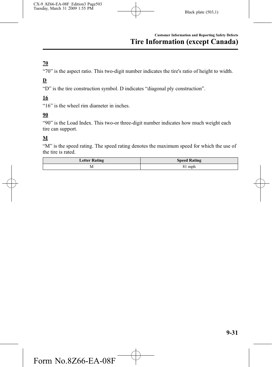 Tire information (except canada) | Mazda 2009 CX-9 User Manual | Page 503 / 538