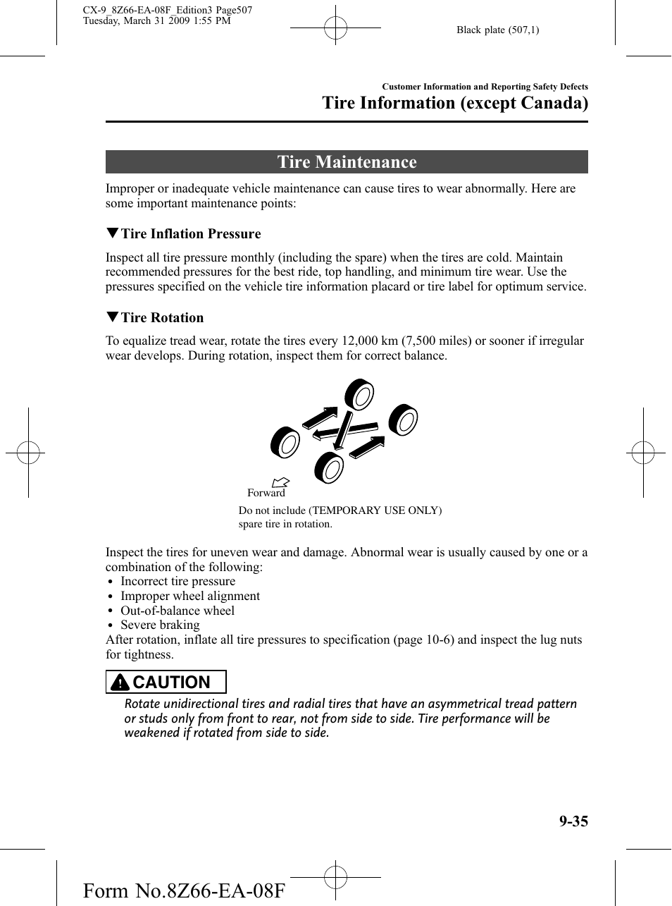 Tire maintenance, Tire maintenance -35, Tire information (except canada) | Caution | Mazda 2009 CX-9 User Manual | Page 507 / 538