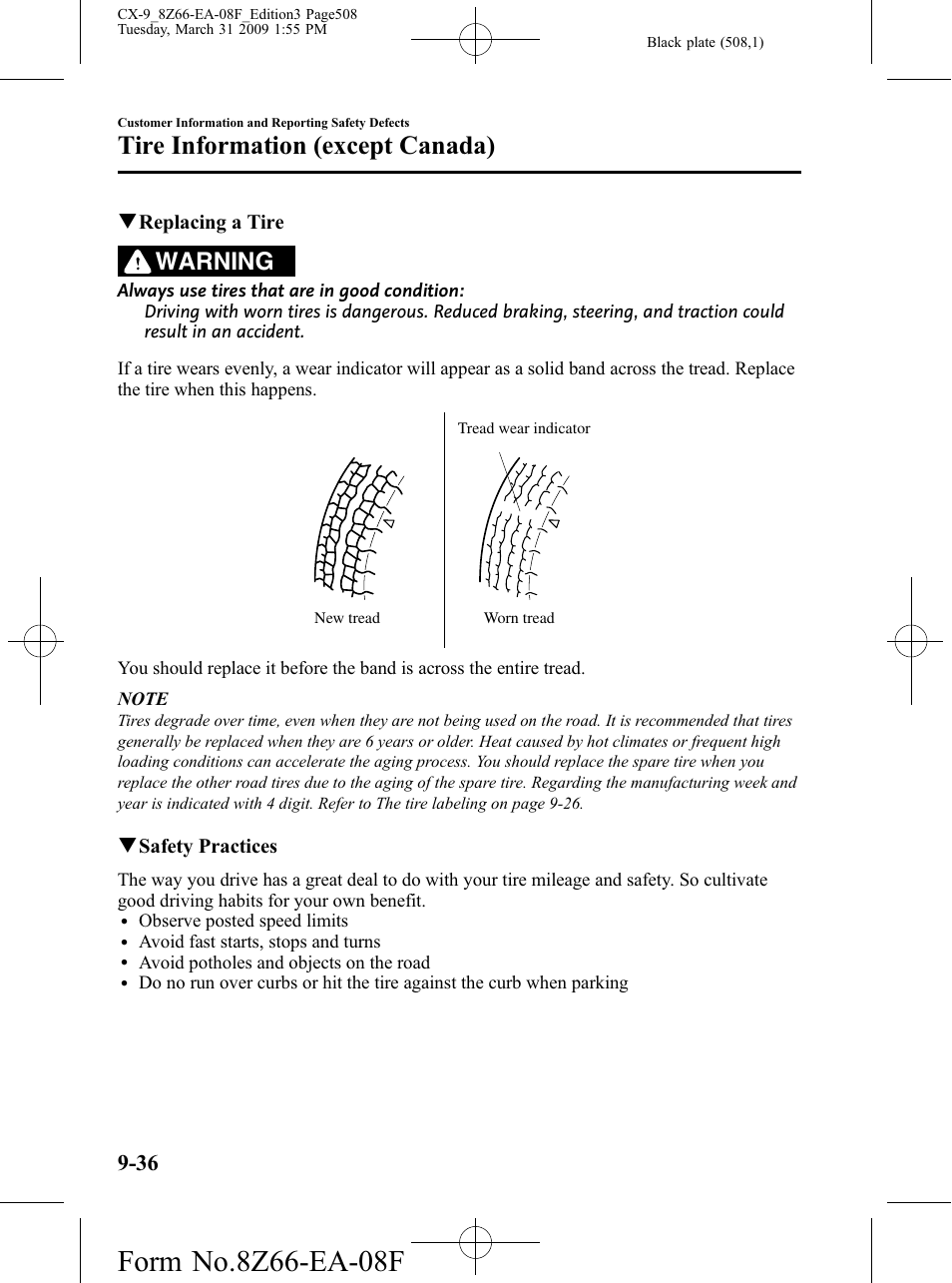 Tire information (except canada), Warning | Mazda 2009 CX-9 User Manual | Page 508 / 538