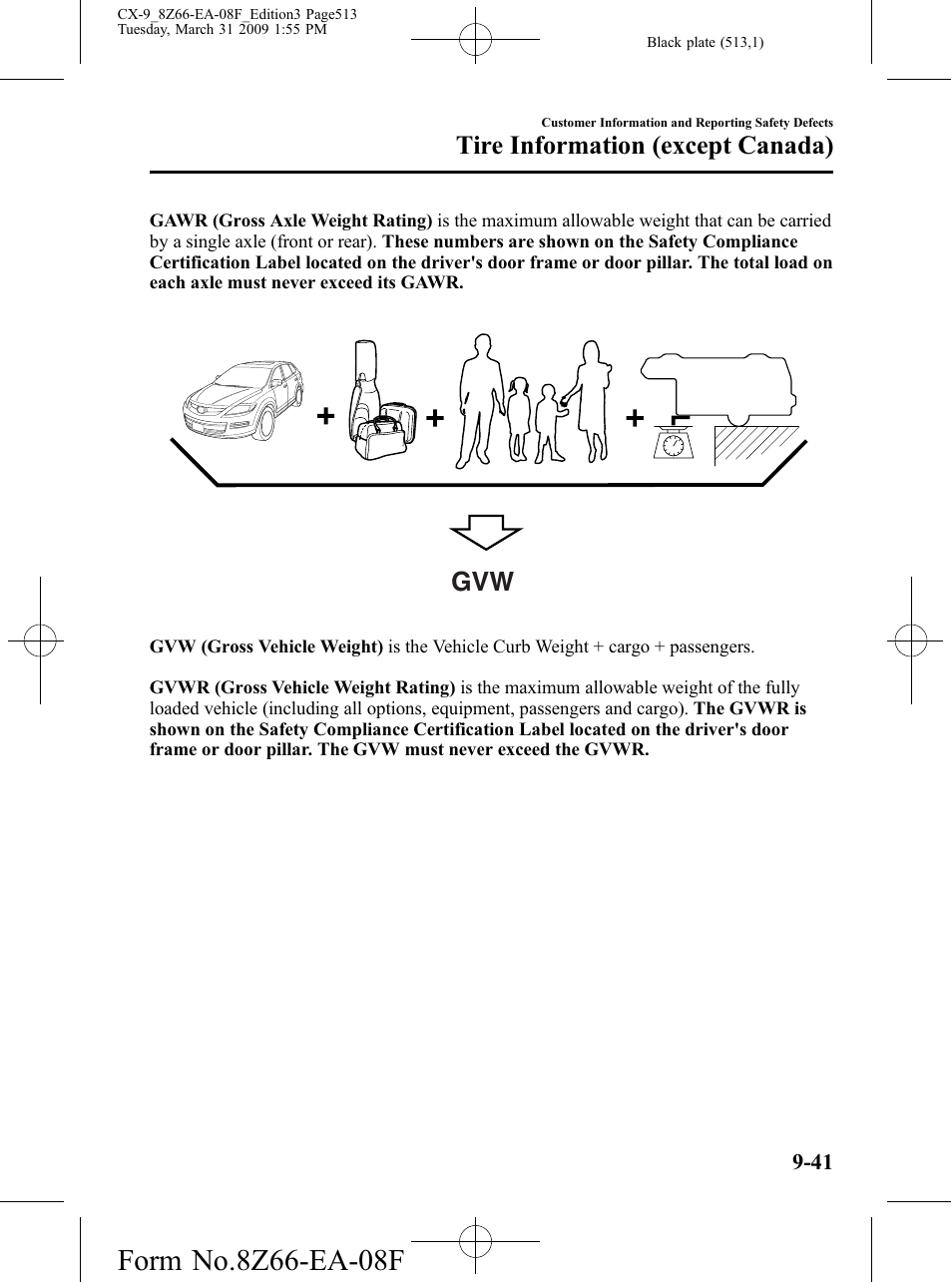 Tire information (except canada) | Mazda 2009 CX-9 User Manual | Page 513 / 538
