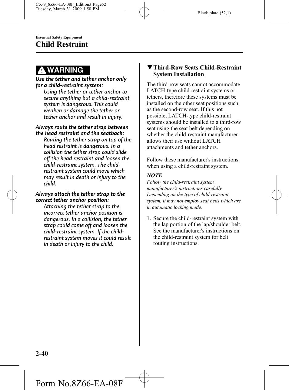 Child restraint, Warning | Mazda 2009 CX-9 User Manual | Page 52 / 538