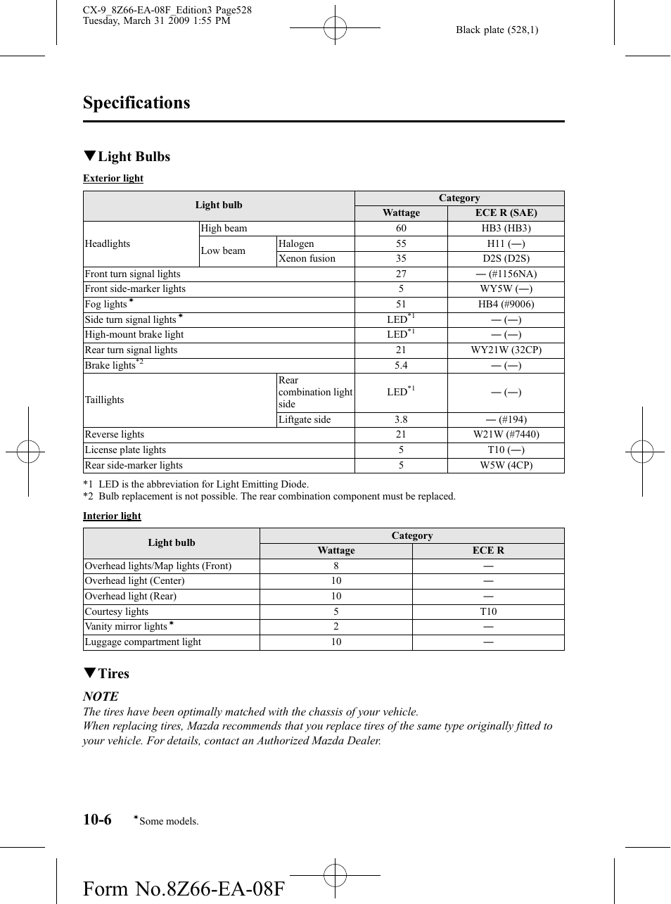 Specifications, Qlight bulbs, Qtires | Mazda 2009 CX-9 User Manual | Page 528 / 538
