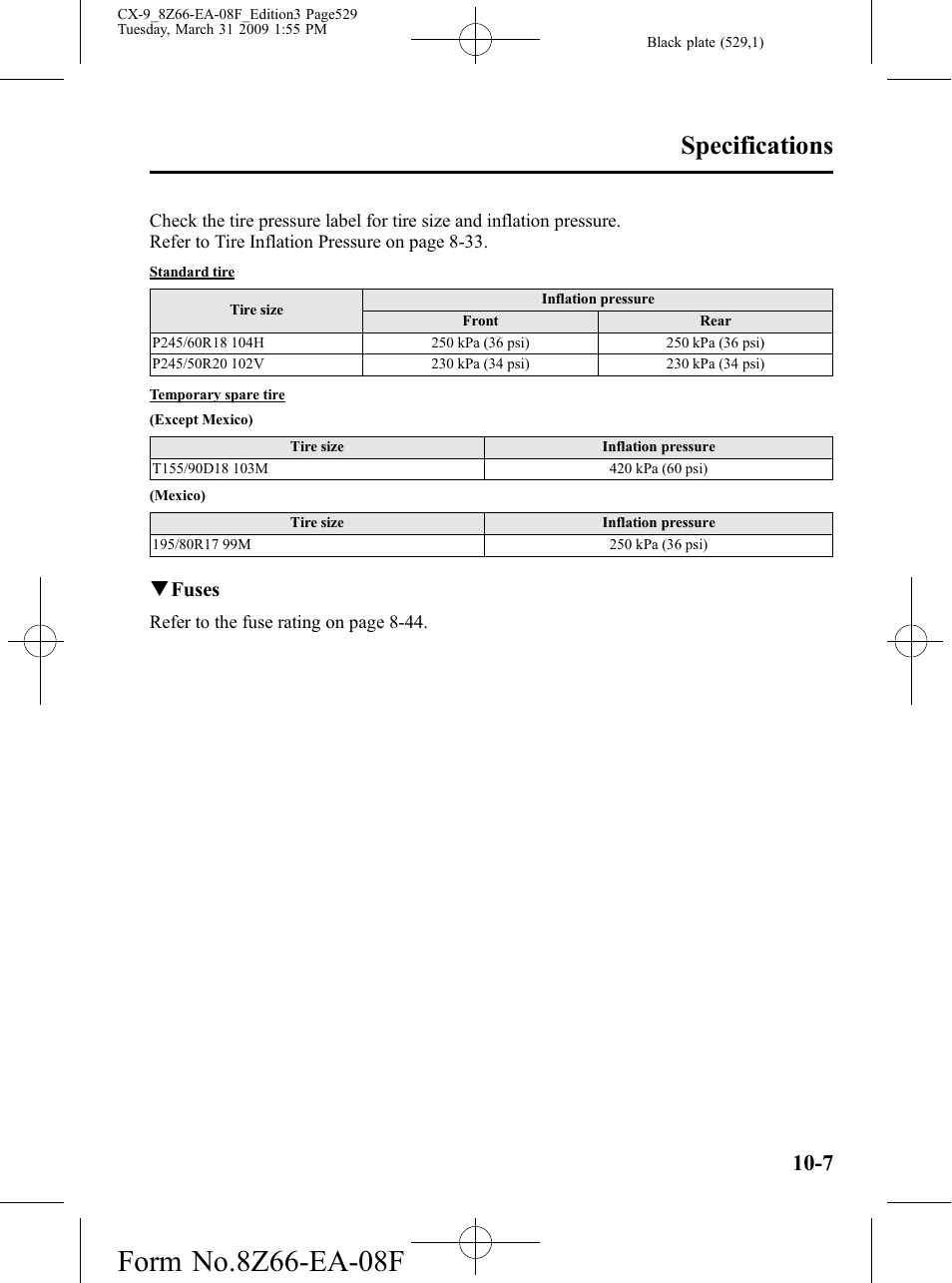 Specifications, Qfuses | Mazda 2009 CX-9 User Manual | Page 529 / 538