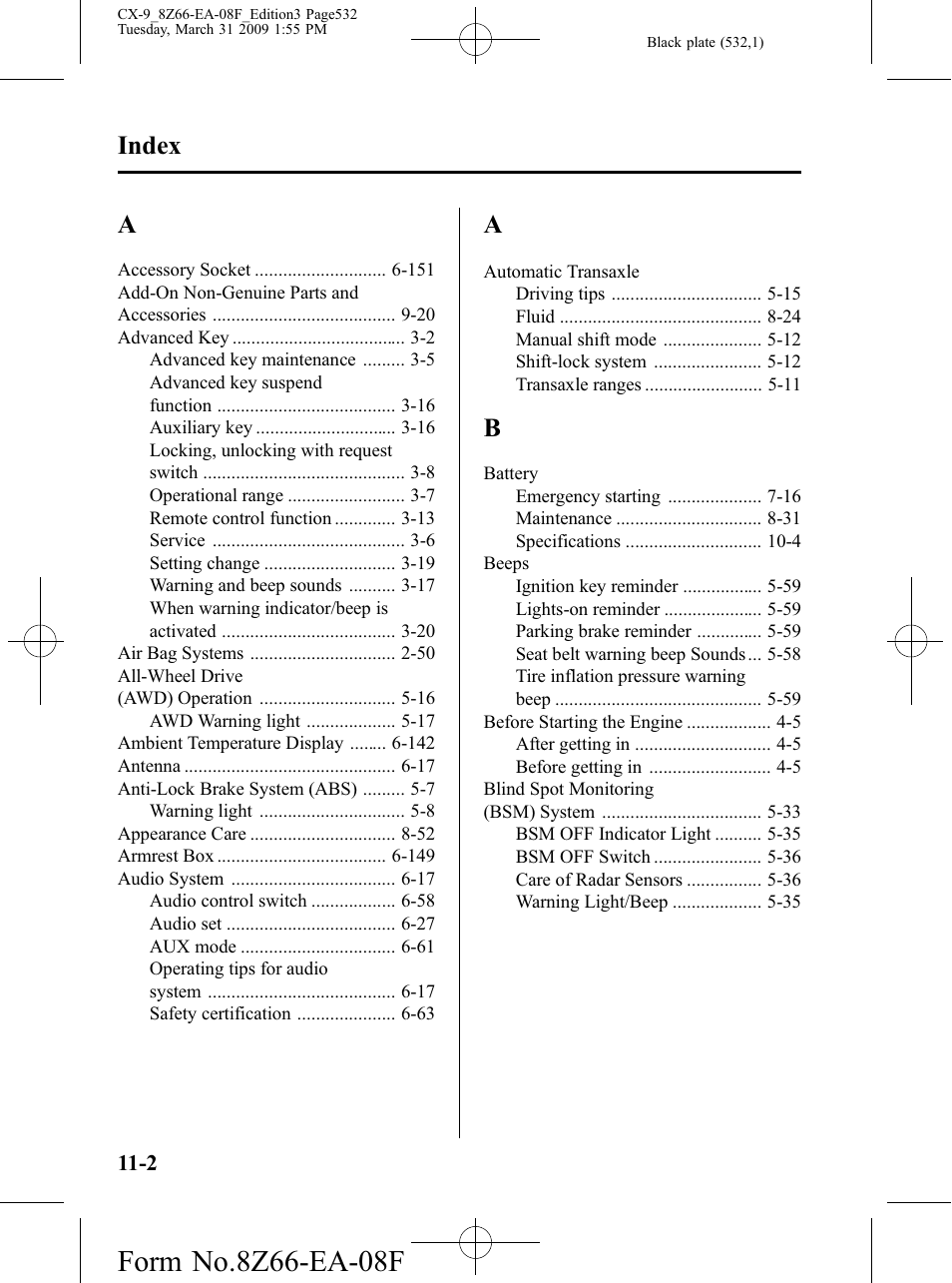 Index | Mazda 2009 CX-9 User Manual | Page 532 / 538