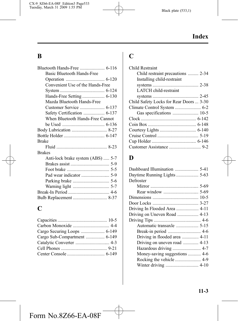 Index | Mazda 2009 CX-9 User Manual | Page 533 / 538
