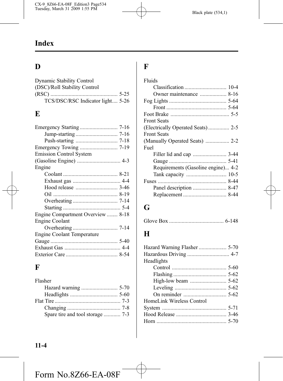 Index | Mazda 2009 CX-9 User Manual | Page 534 / 538