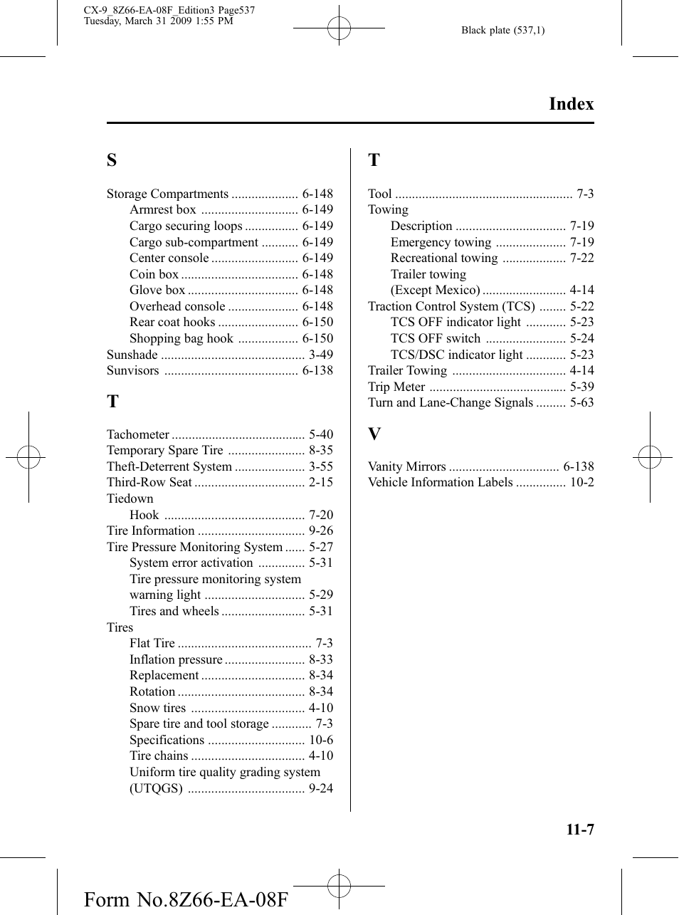 Index | Mazda 2009 CX-9 User Manual | Page 537 / 538