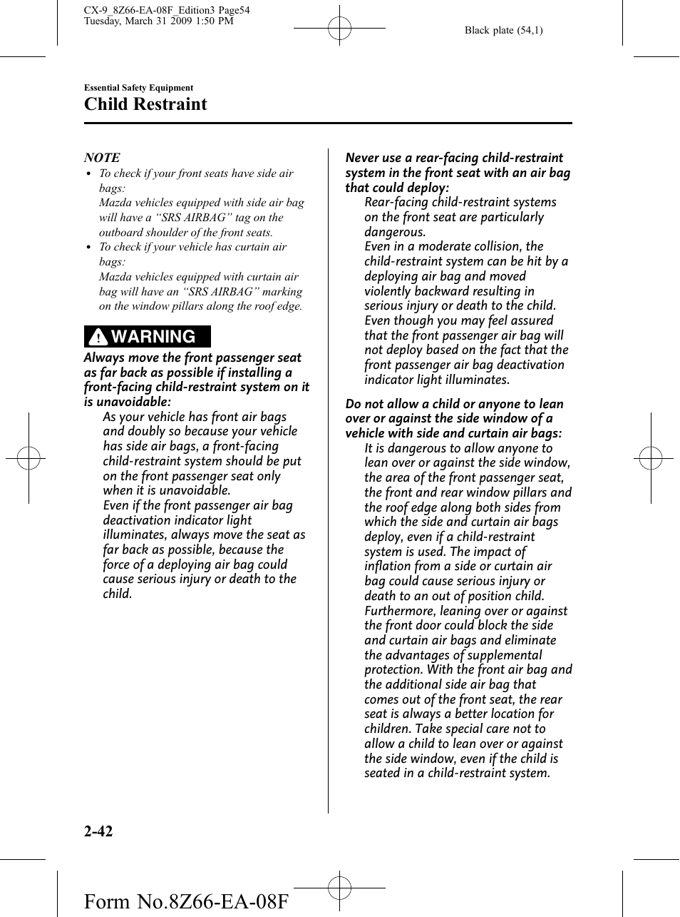 Child restraint, Warning | Mazda 2009 CX-9 User Manual | Page 54 / 538