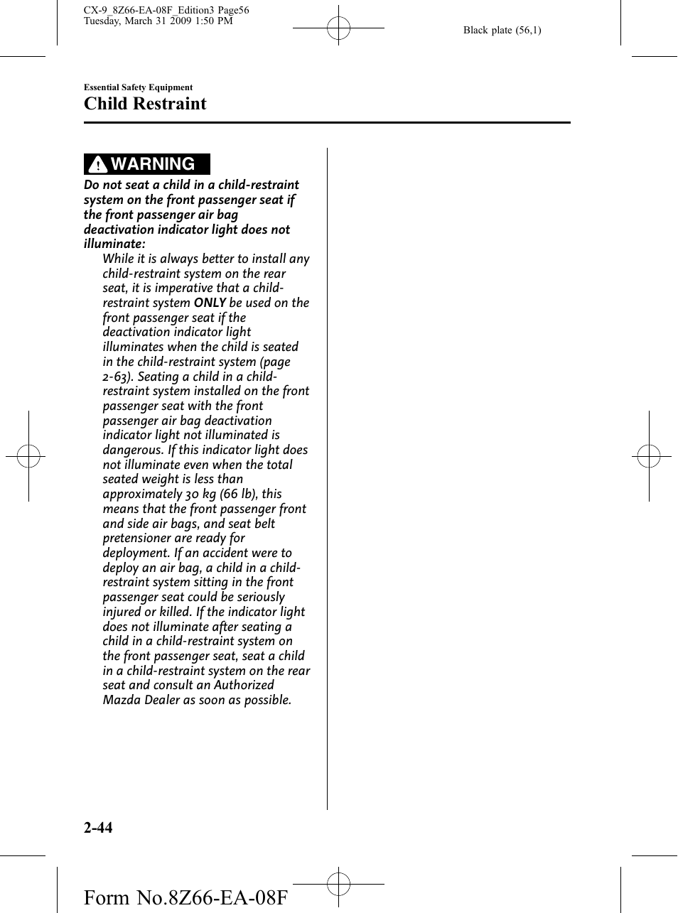 Child restraint, Warning | Mazda 2009 CX-9 User Manual | Page 56 / 538
