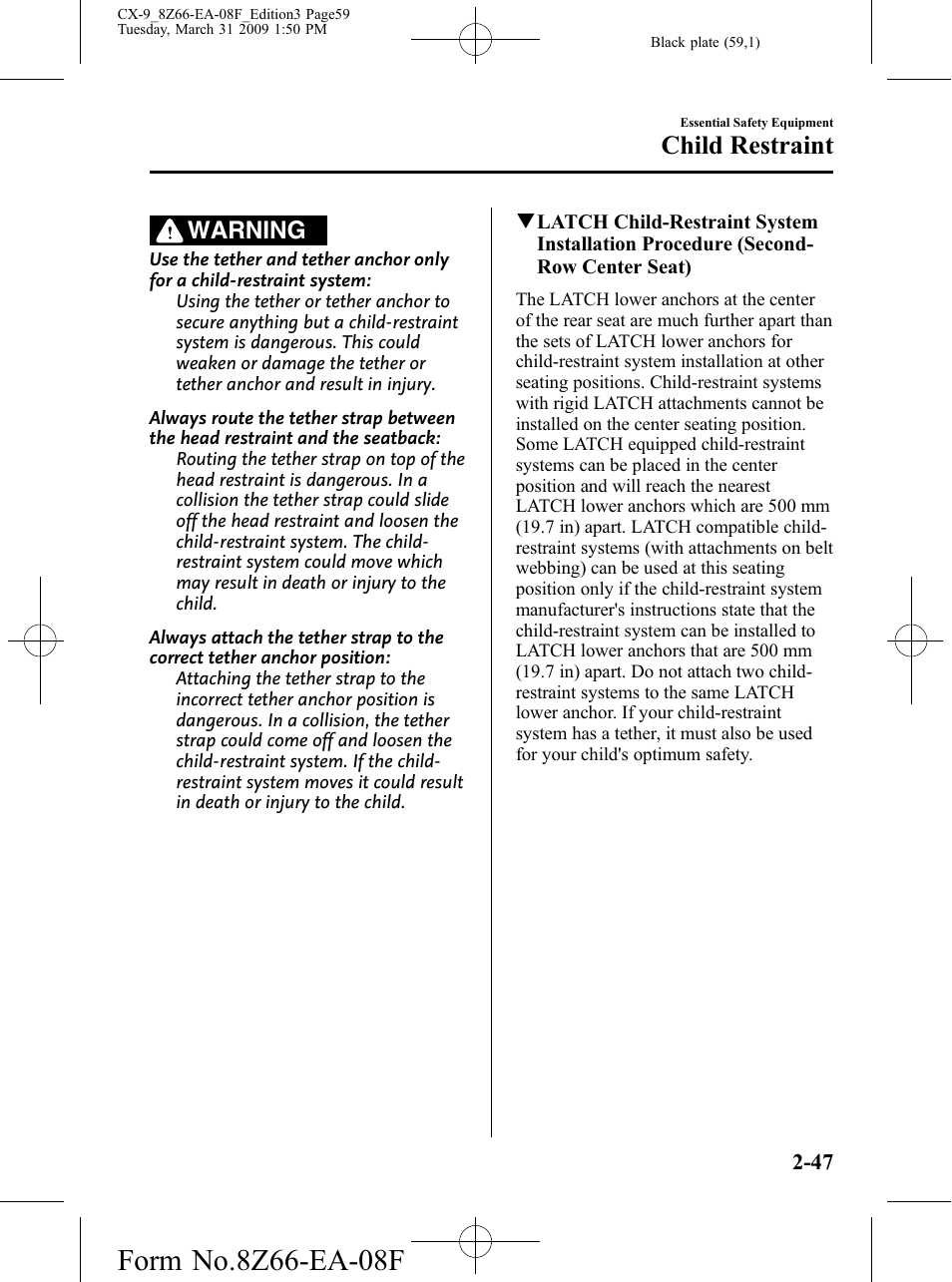 Child restraint, Warning | Mazda 2009 CX-9 User Manual | Page 59 / 538