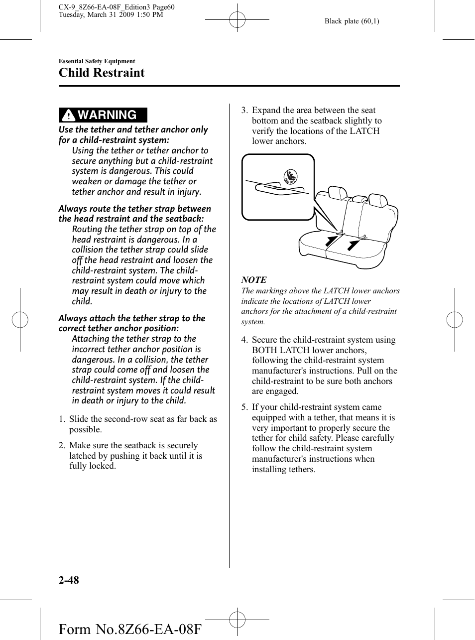 Child restraint, Warning | Mazda 2009 CX-9 User Manual | Page 60 / 538