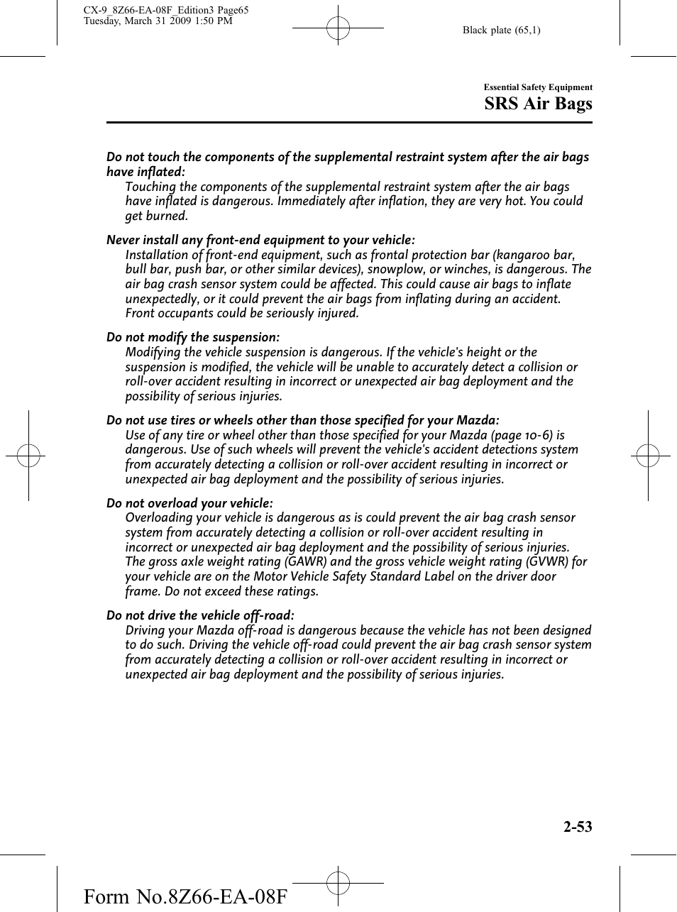 Srs air bags | Mazda 2009 CX-9 User Manual | Page 65 / 538