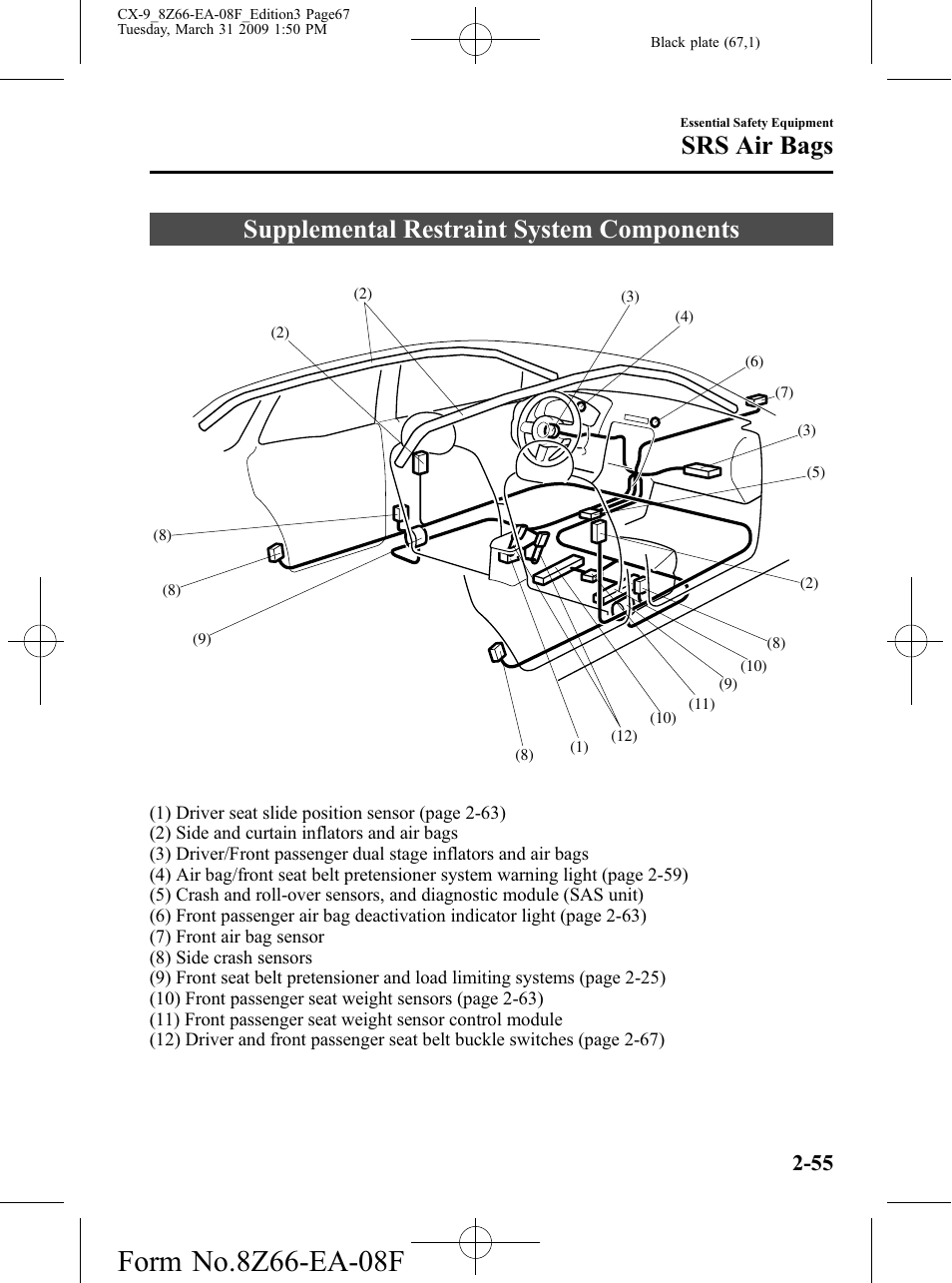 Supplemental restraint system components, Supplemental restraint system components -55, Srs air bags | Mazda 2009 CX-9 User Manual | Page 67 / 538