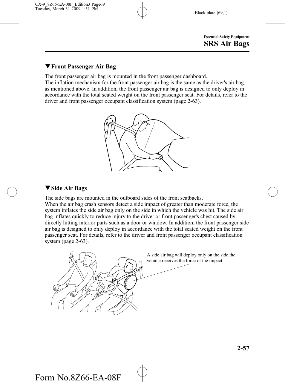 Srs air bags | Mazda 2009 CX-9 User Manual | Page 69 / 538