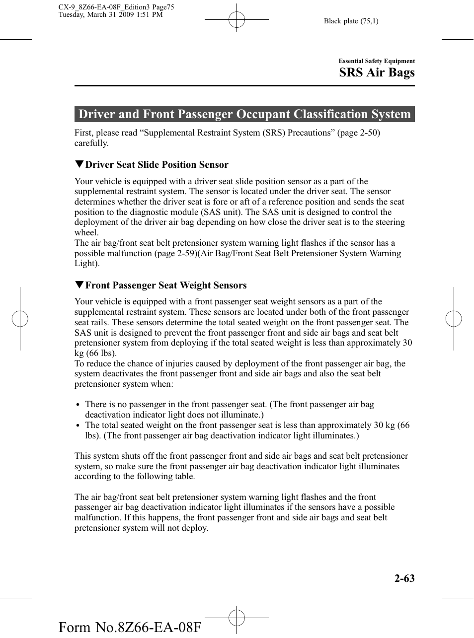 Srs air bags | Mazda 2009 CX-9 User Manual | Page 75 / 538