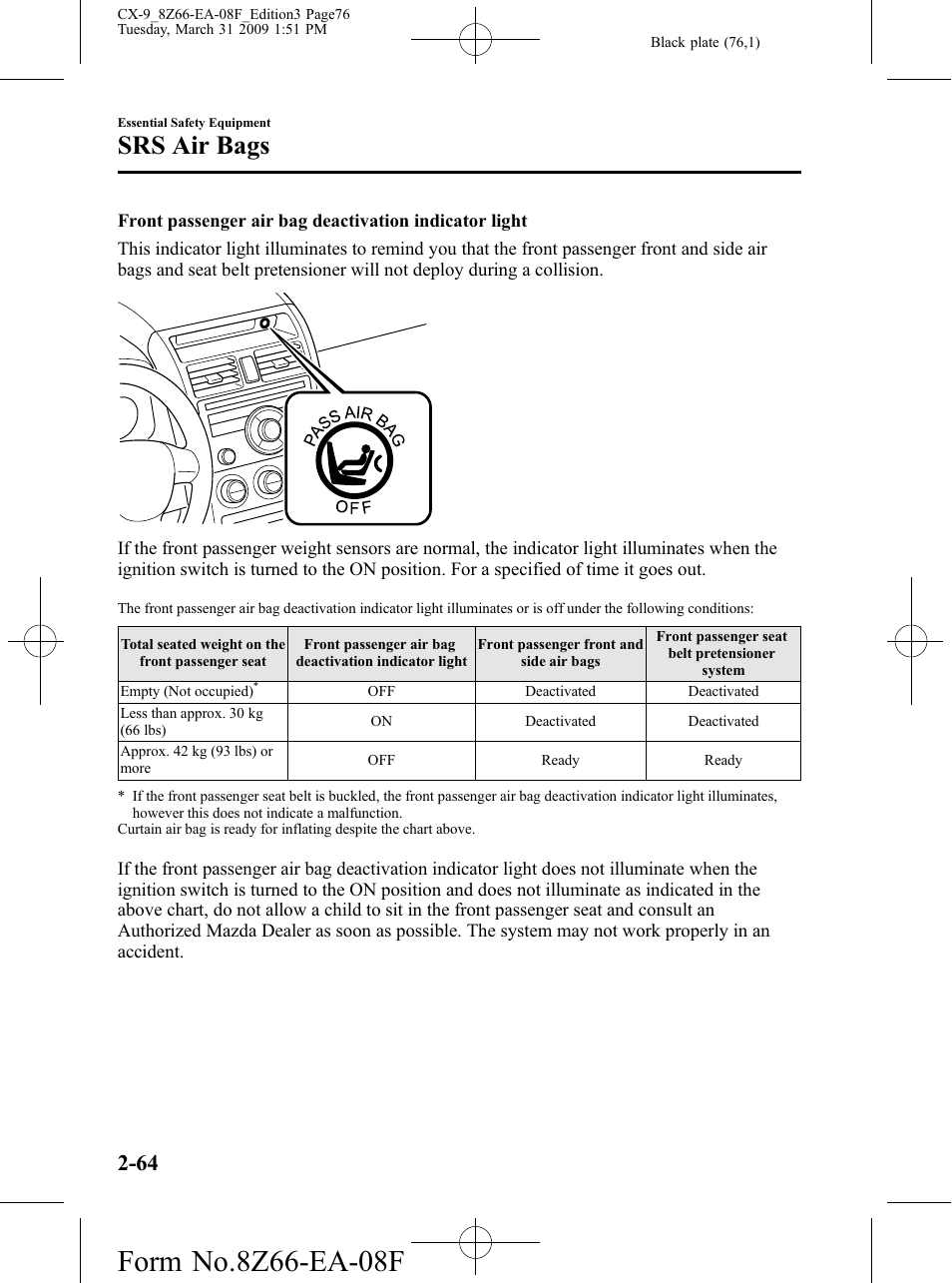 Srs air bags | Mazda 2009 CX-9 User Manual | Page 76 / 538