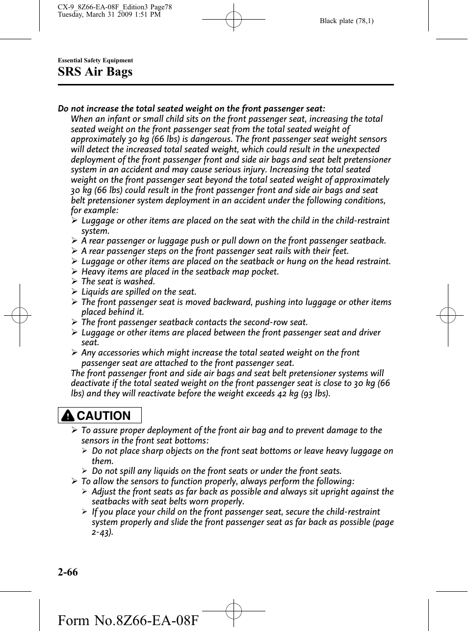 Srs air bags, Caution | Mazda 2009 CX-9 User Manual | Page 78 / 538