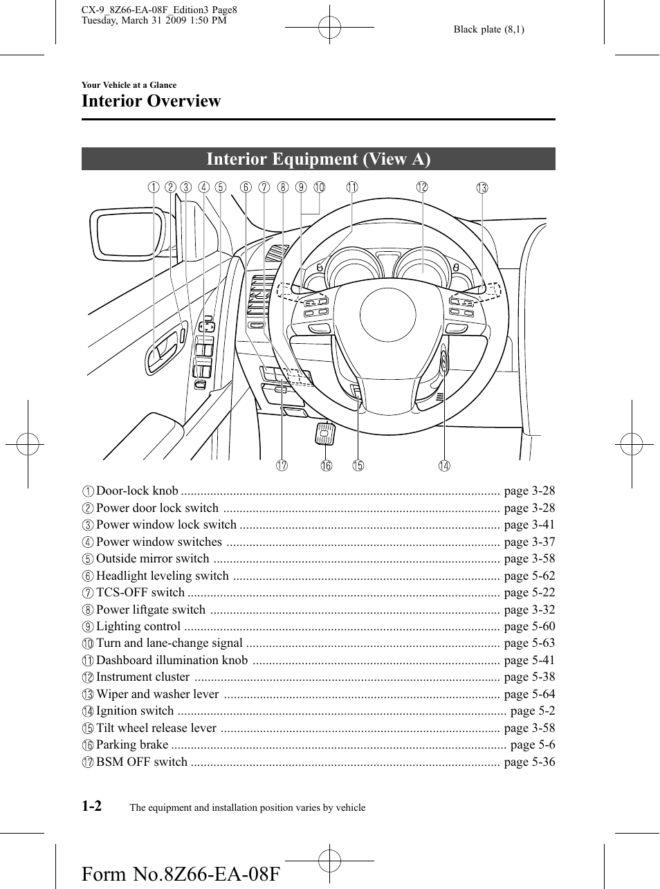 Interior overview, Interior equipment (view a), Interior overview -2 | Interior equipment (view a) -2 | Mazda 2009 CX-9 User Manual | Page 8 / 538