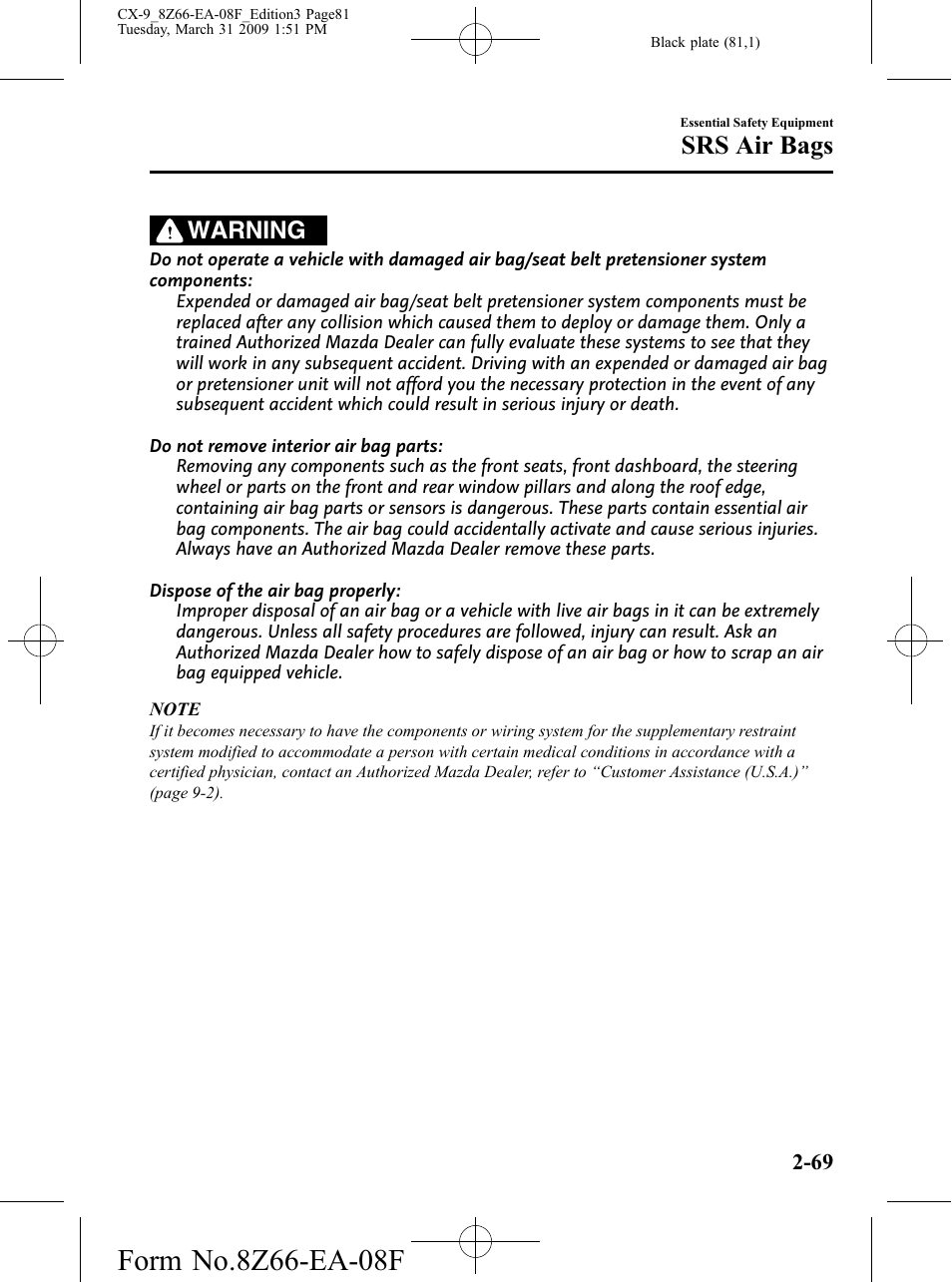 Srs air bags, Warning | Mazda 2009 CX-9 User Manual | Page 81 / 538