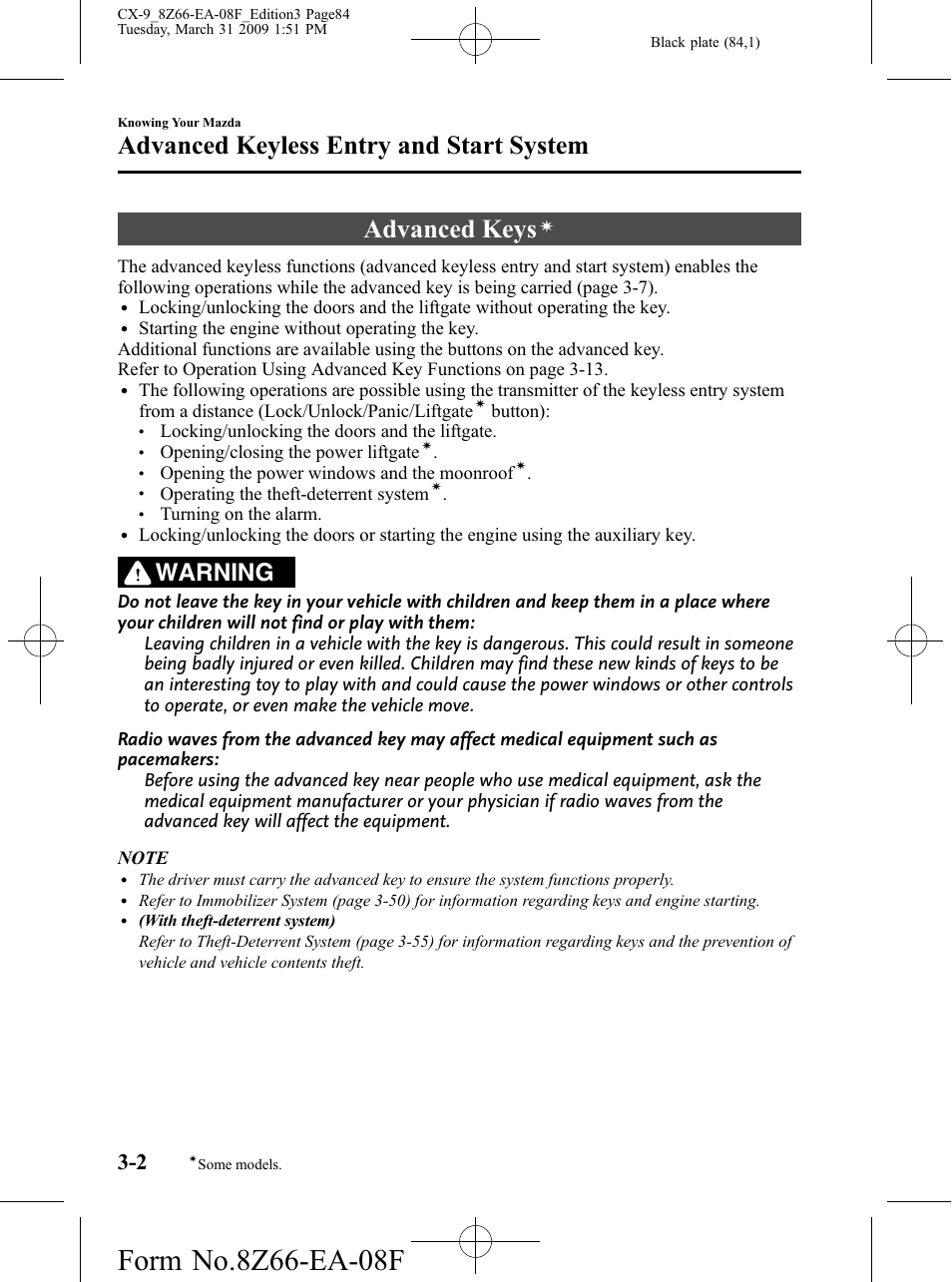 Advanced keyless entry and start system, Advanced keys, Advanced keyless entry and start system -2 | Warning | Mazda 2009 CX-9 User Manual | Page 84 / 538