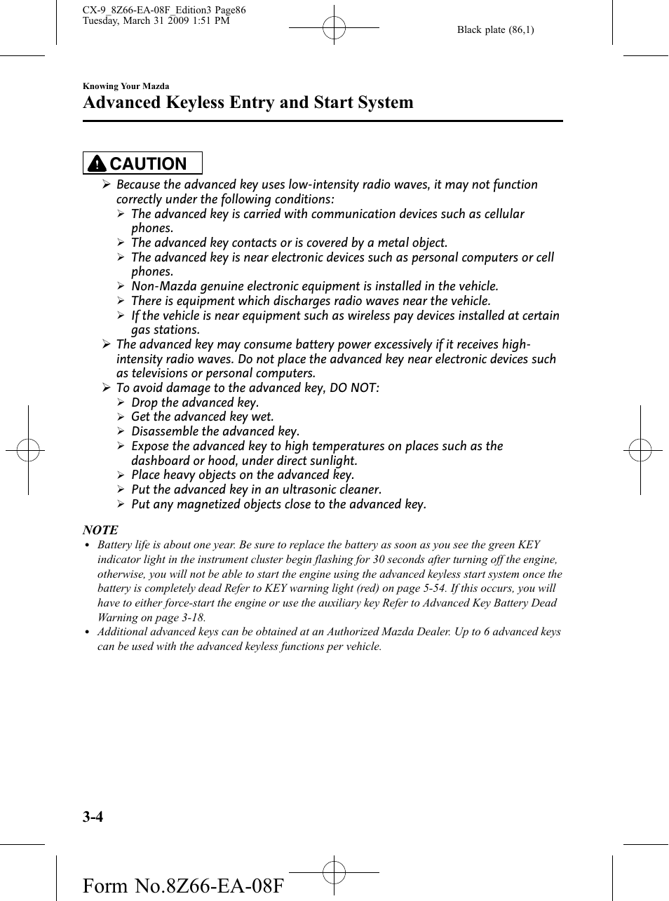 Advanced keyless entry and start system, Caution | Mazda 2009 CX-9 User Manual | Page 86 / 538