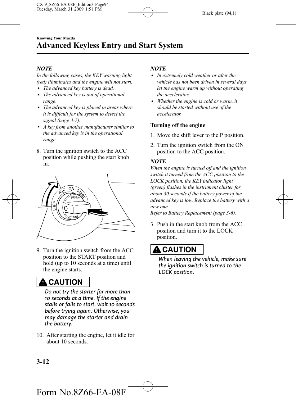 Advanced keyless entry and start system, Caution | Mazda 2009 CX-9 User Manual | Page 94 / 538