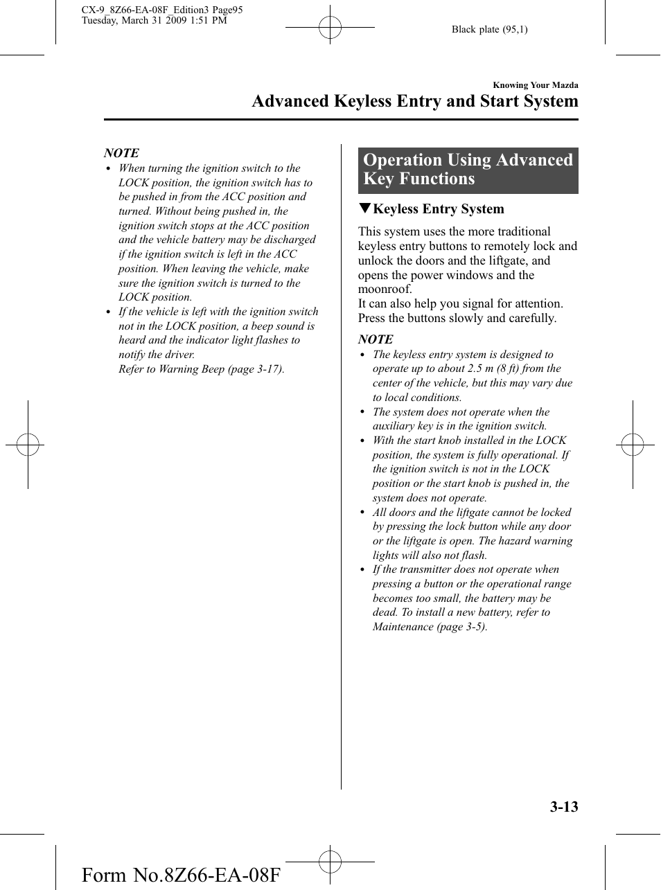 Operation using advanced key functions, Operation using advanced key functions -13, Advanced keyless entry and start system | Qkeyless entry system | Mazda 2009 CX-9 User Manual | Page 95 / 538