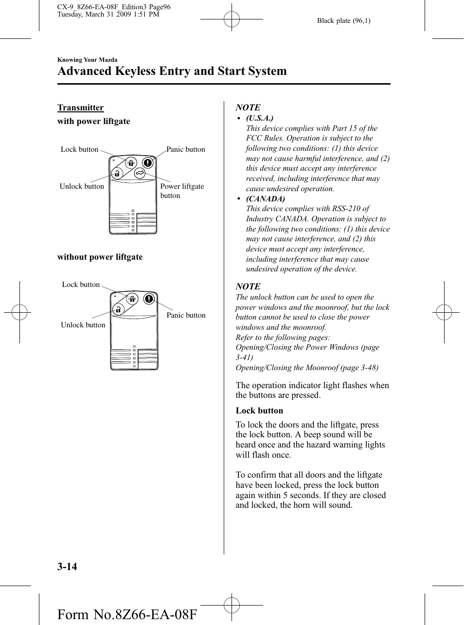 Advanced keyless entry and start system | Mazda 2009 CX-9 User Manual | Page 96 / 538