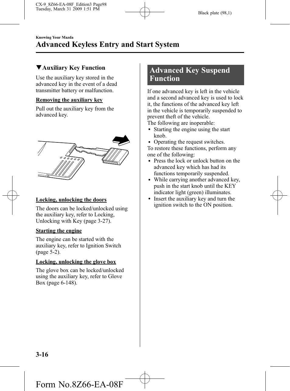 Advanced key suspend function, Advanced key suspend function -16, Advanced keyless entry and start system | Mazda 2009 CX-9 User Manual | Page 98 / 538