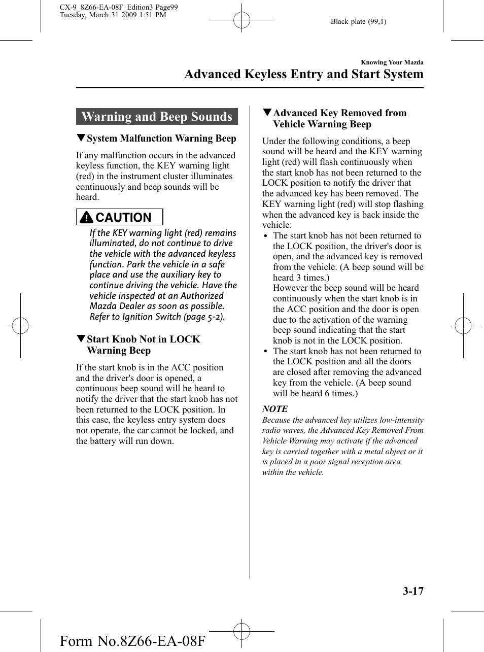 Warning and beep sounds, Warning and beep sounds -17, Advanced keyless entry and start system | Caution | Mazda 2009 CX-9 User Manual | Page 99 / 538