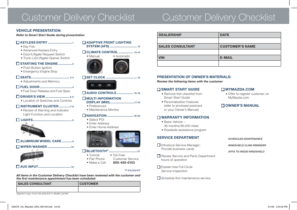 Customer delivery checklist | Mazda 2010 SPEED3 User Manual | Page 13 / 14