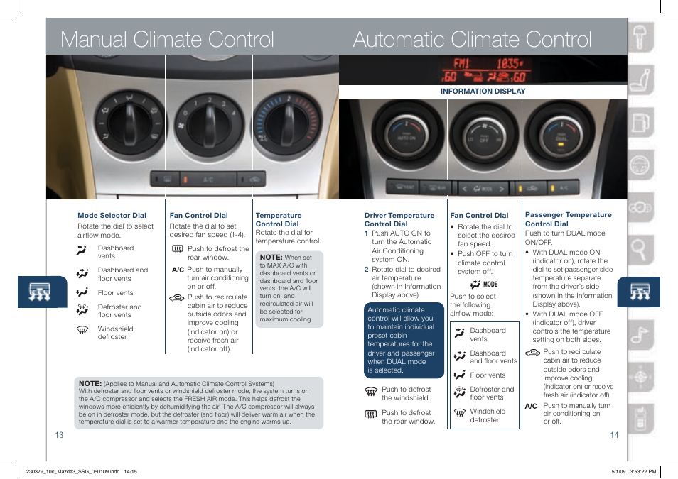 Automatic climate control, Manual climate control | Mazda 2010 SPEED3 User Manual | Page 8 / 14