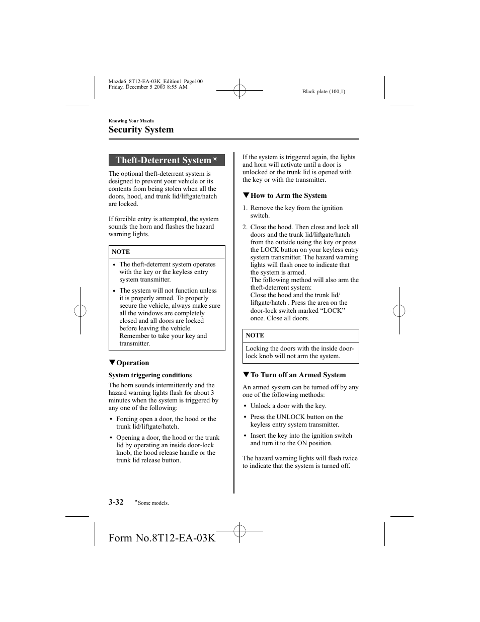 Theft-deterrent system, Security system | Mazda 8T12-EA-03K User Manual | Page 100 / 326