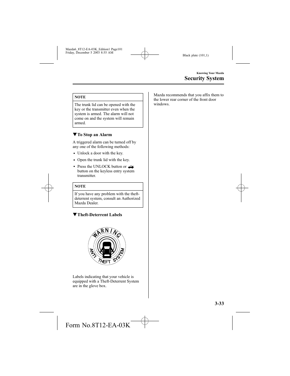 Security system | Mazda 8T12-EA-03K User Manual | Page 101 / 326