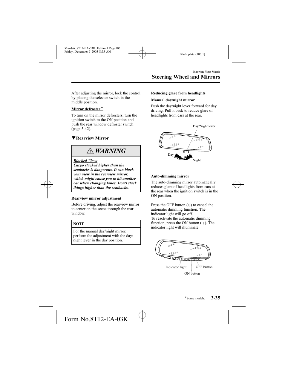 Warning, Steering wheel and mirrors | Mazda 8T12-EA-03K User Manual | Page 103 / 326