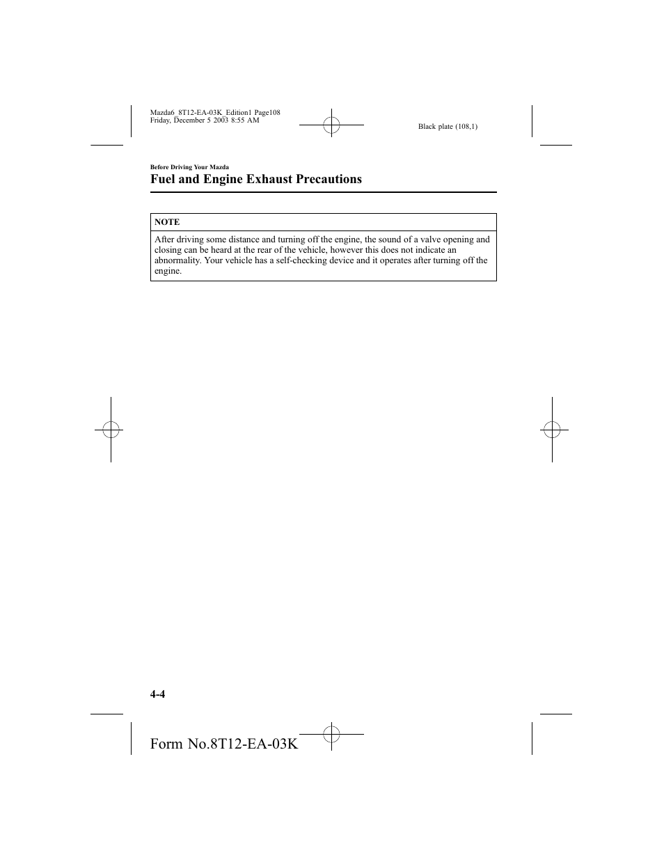 Fuel and engine exhaust precautions | Mazda 8T12-EA-03K User Manual | Page 108 / 326