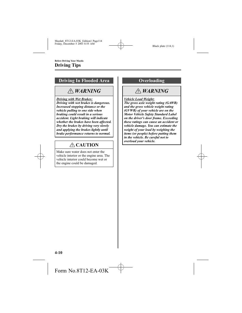 Warning | Mazda 8T12-EA-03K User Manual | Page 114 / 326