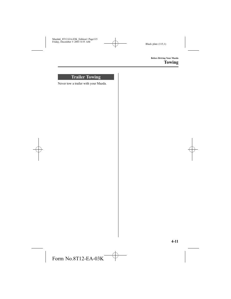 Trailer towing, Towing | Mazda 8T12-EA-03K User Manual | Page 115 / 326