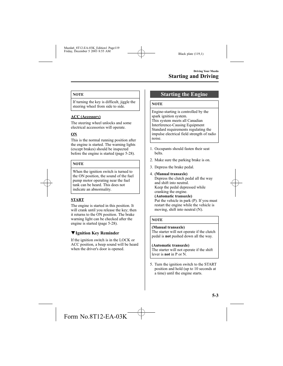 Starting the engine, Starting and driving | Mazda 8T12-EA-03K User Manual | Page 119 / 326