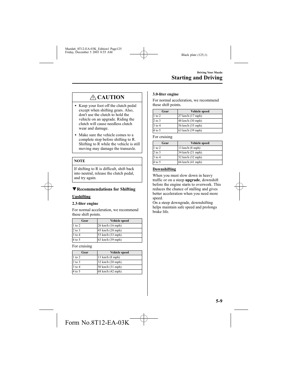 Caution, Starting and driving, Qrecommendations for shifting | Mazda 8T12-EA-03K User Manual | Page 125 / 326