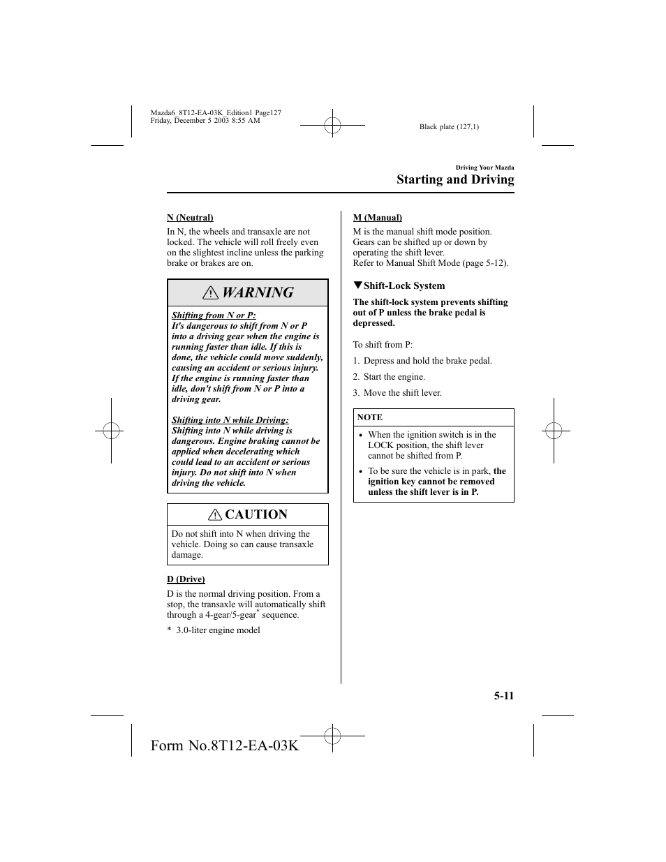 Warning, Caution, Starting and driving | Mazda 8T12-EA-03K User Manual | Page 127 / 326