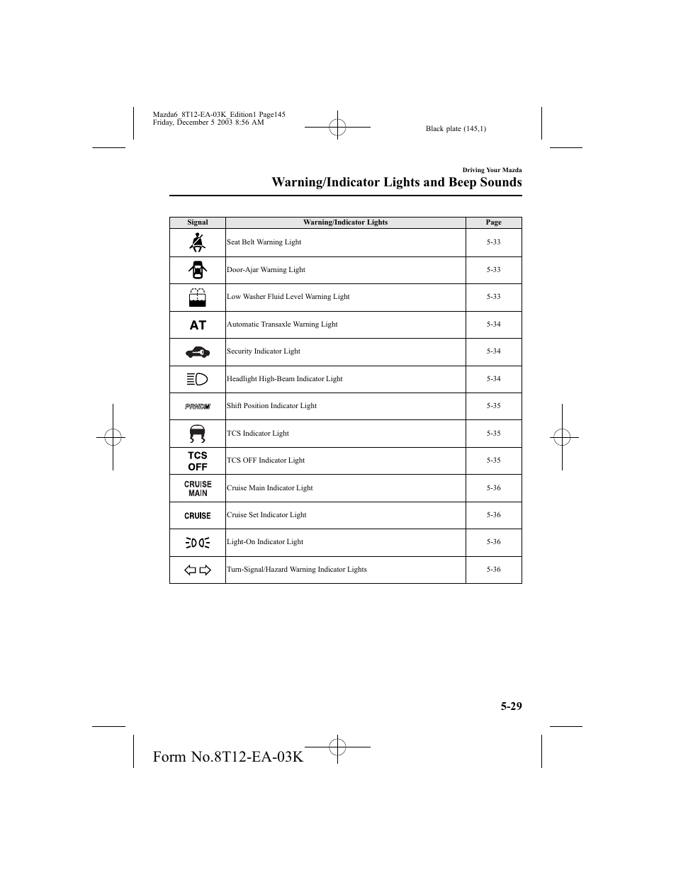 Warning/indicator lights and beep sounds | Mazda 8T12-EA-03K User Manual | Page 145 / 326