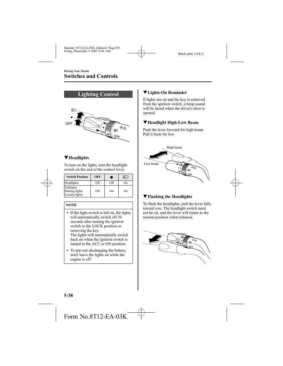 Lighting control, Switches and controls | Mazda 8T12-EA-03K User Manual | Page 154 / 326