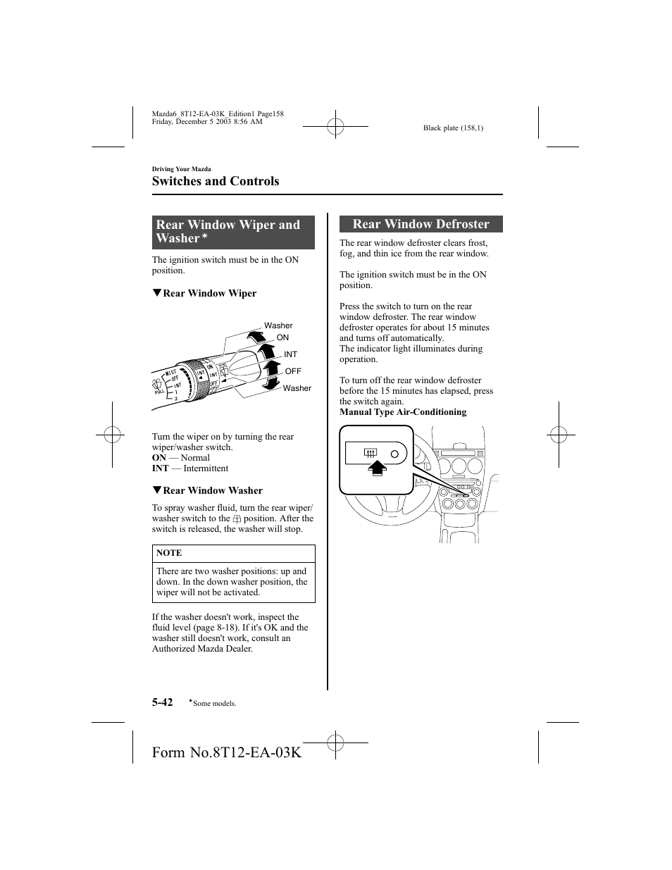 Rear window wiper and washer, Rear window defroster, Switches and controls | Mazda 8T12-EA-03K User Manual | Page 158 / 326