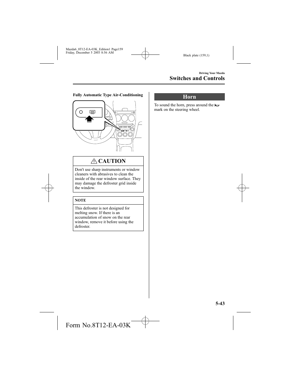 Caution, Horn, Switches and controls | Mazda 8T12-EA-03K User Manual | Page 159 / 326