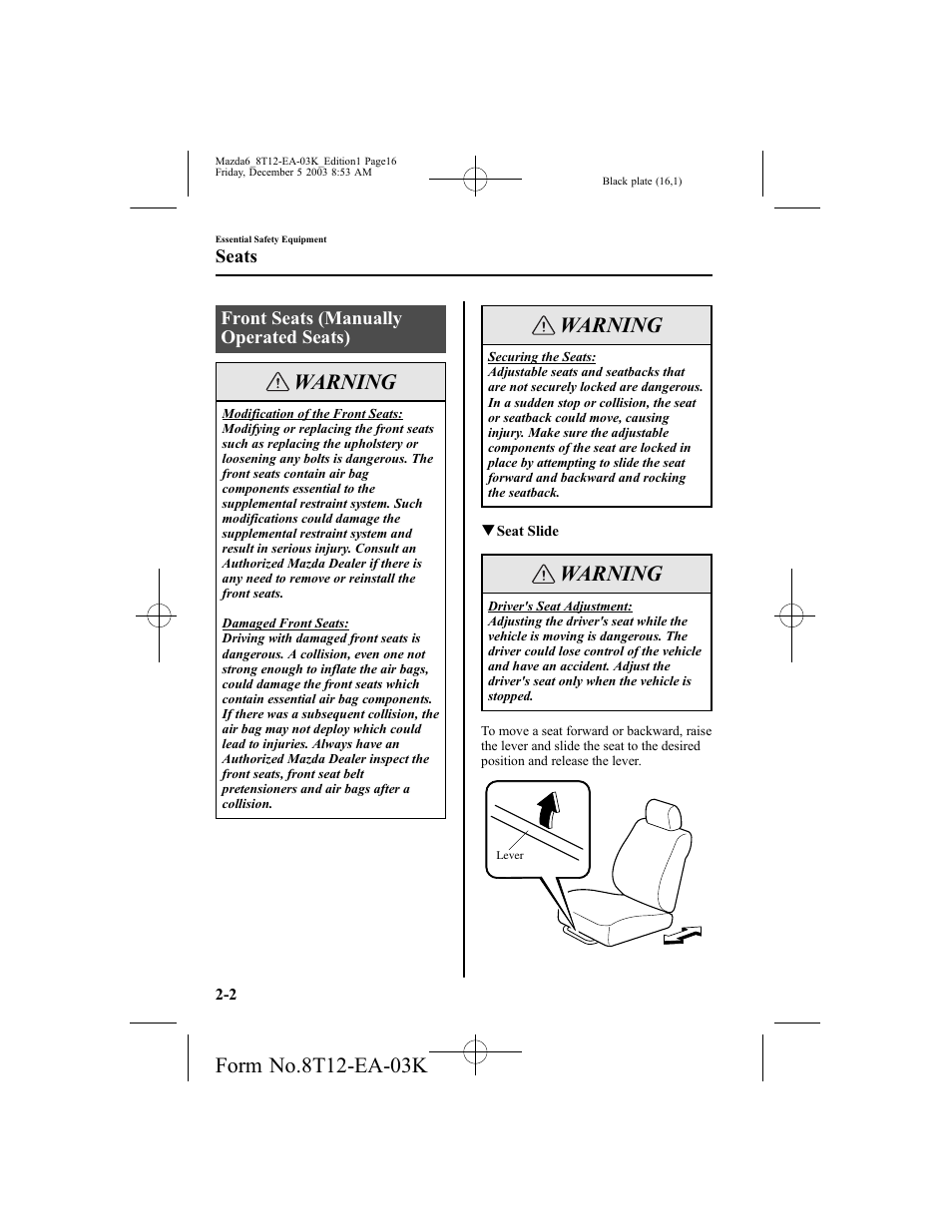 Warning, Front seats (manually operated seats), Seats | Mazda 8T12-EA-03K User Manual | Page 16 / 326